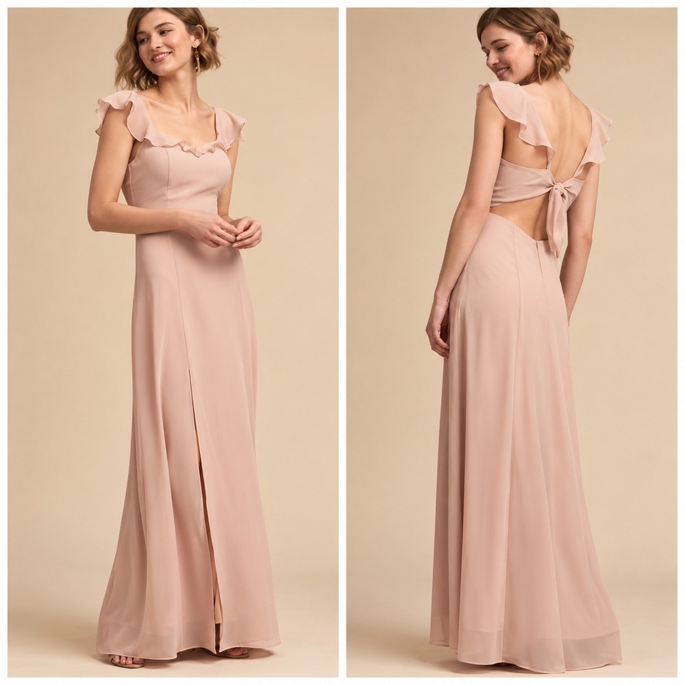 BHLDN Diana Dress Pink Tan Ruffle Tie Open Back Maxi Gown Chiffon Side Slit S